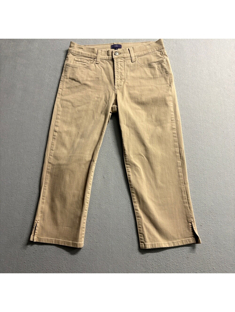 NYDJ Crop Jeans Womens Size 4 Beige Khaki Tan Denim Cropped Pants Side Slit